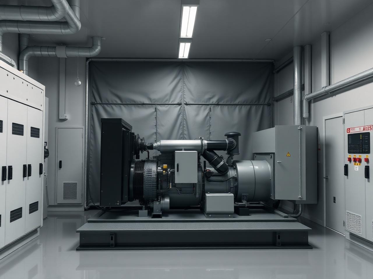 Groupe électrogène insonorisé installé en local technique avec armoires électriques et coffret ATS